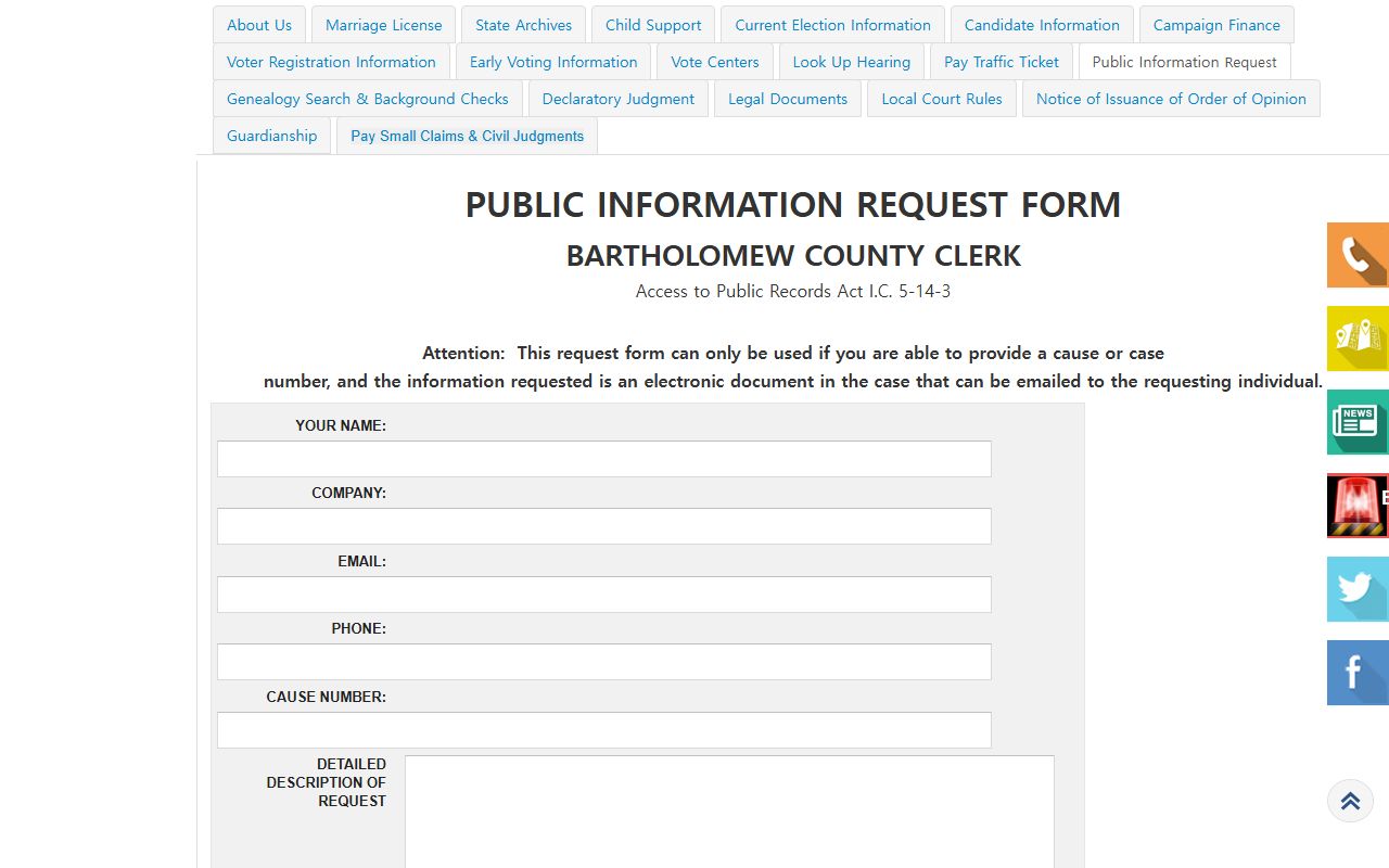 Bartholomew County Clerk records public information request form