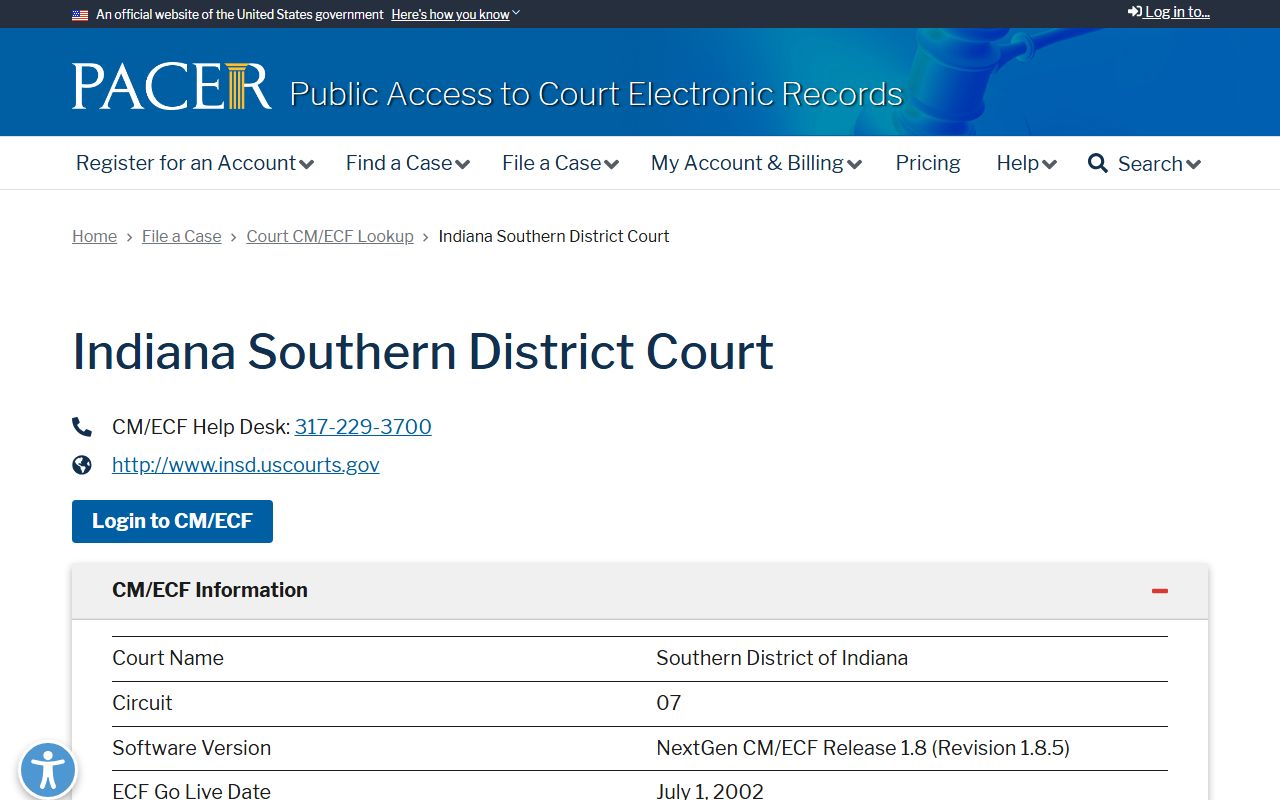 Bartholomew County court dockets PACER Southern District lookup