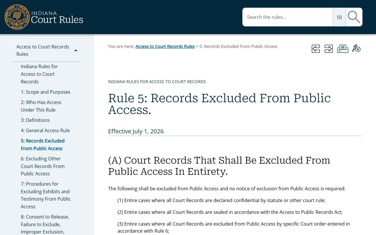 Bartholomew County court records Access Rule 5 exclusions