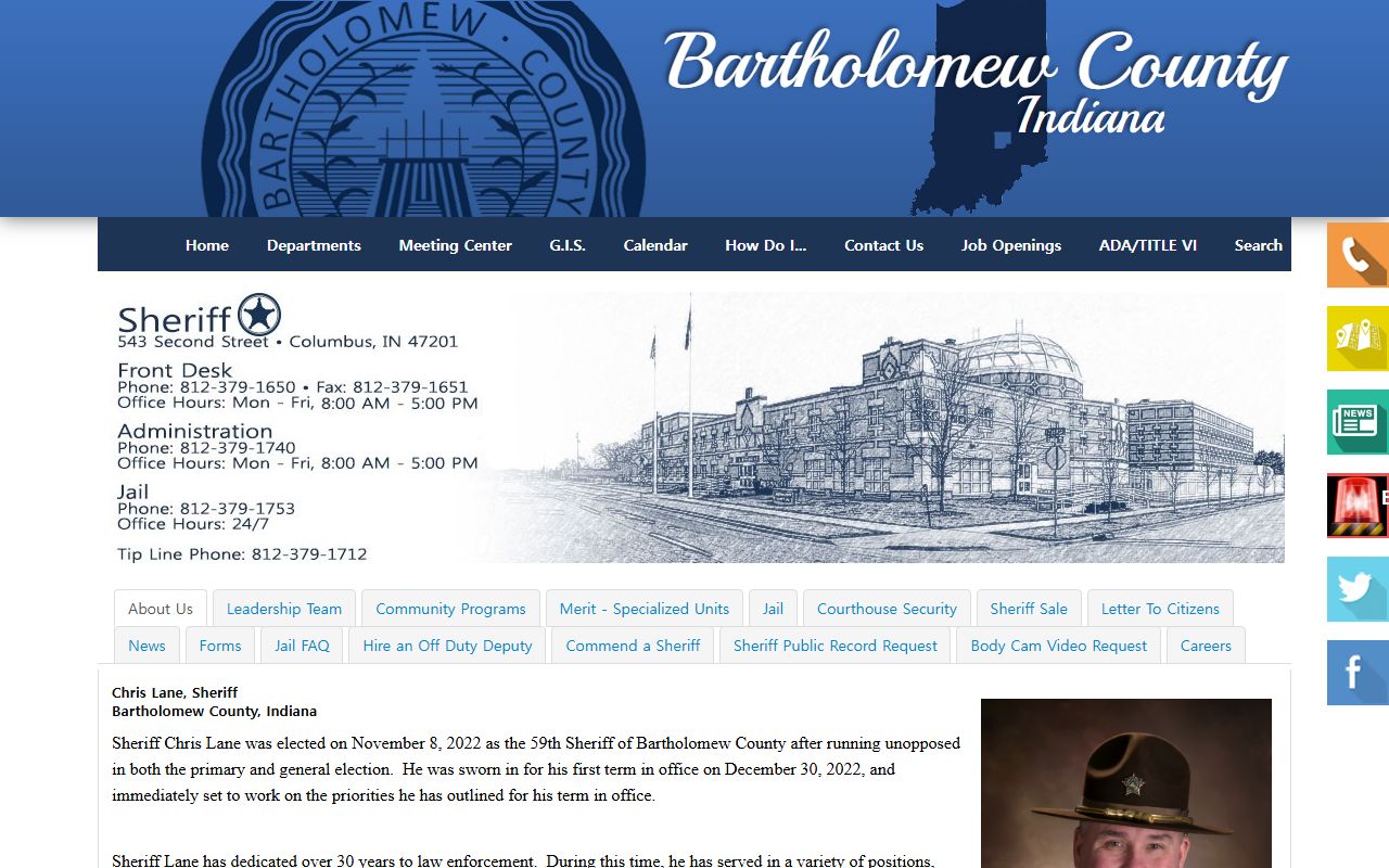Bartholomew County court records Sheriff and jail page