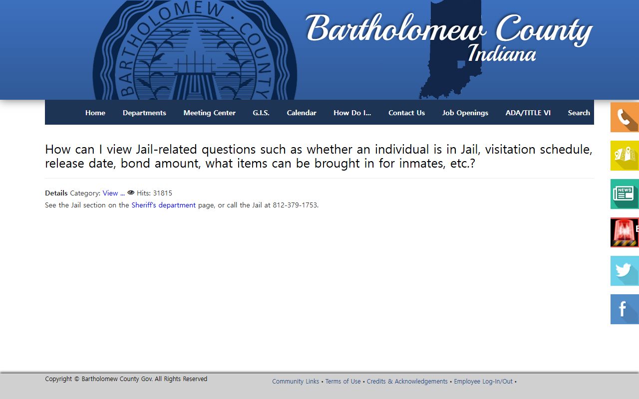 Bartholomew County inmate records jail FAQ for custody and bond questions