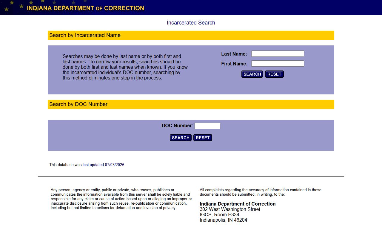 Bartholomew County inmate records Indiana DOC offender locator