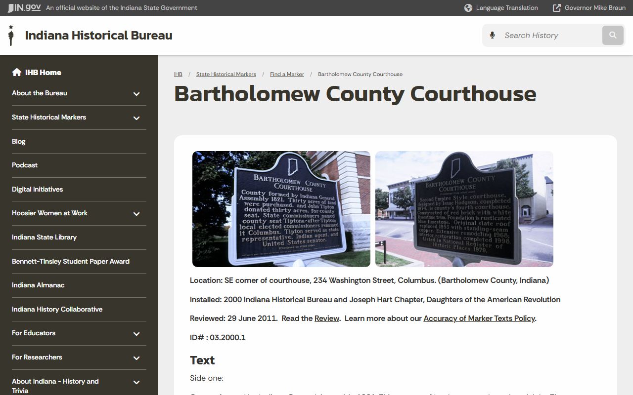 Bartholomew County probate records historical courthouse marker