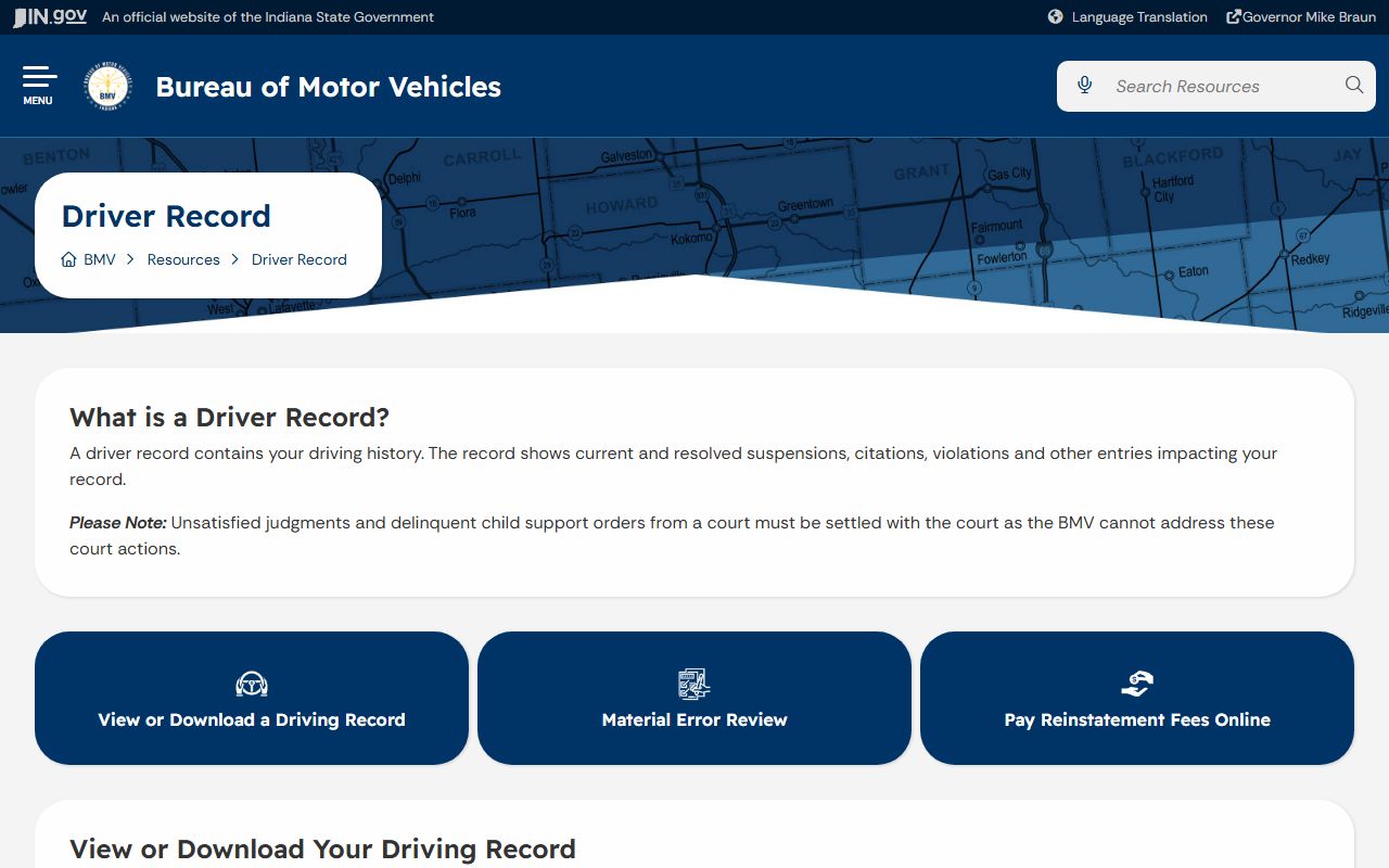 Bartholomew County traffic court records Indiana BMV driver record page